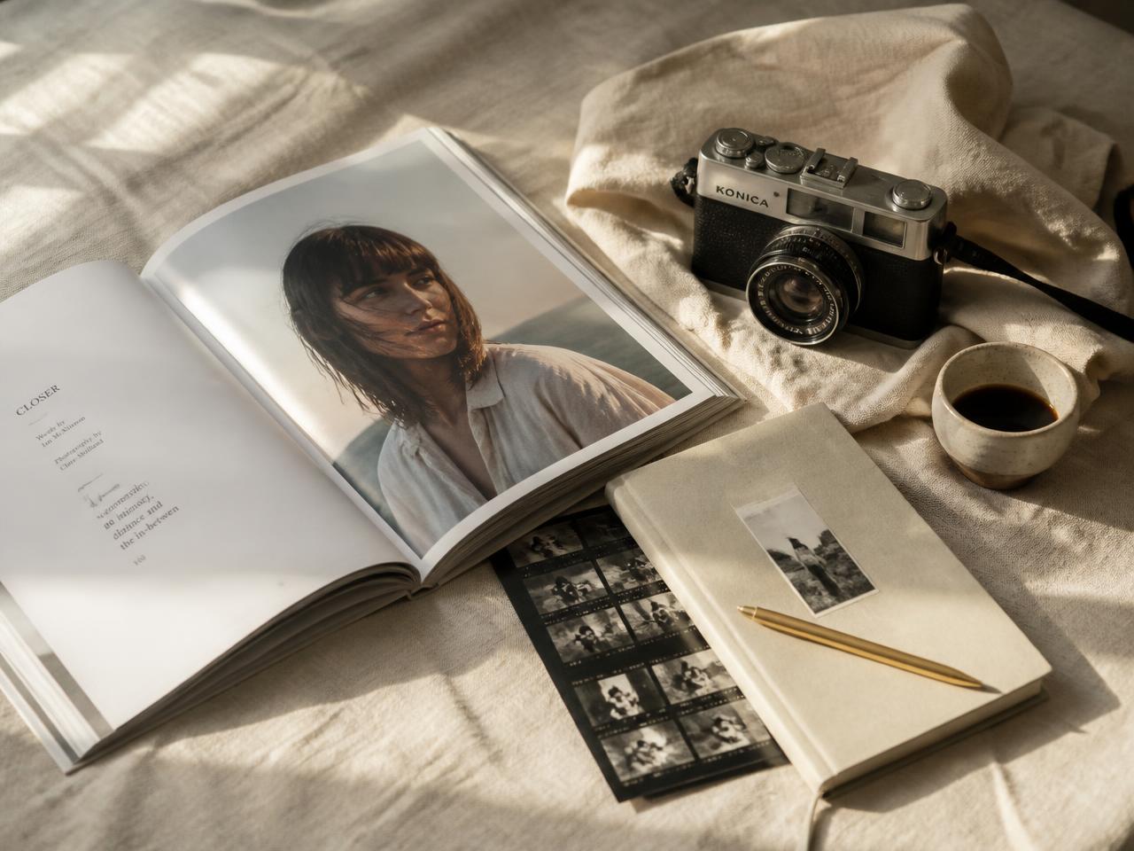 Printed magazine spread, film camera and notebook in warm natural light