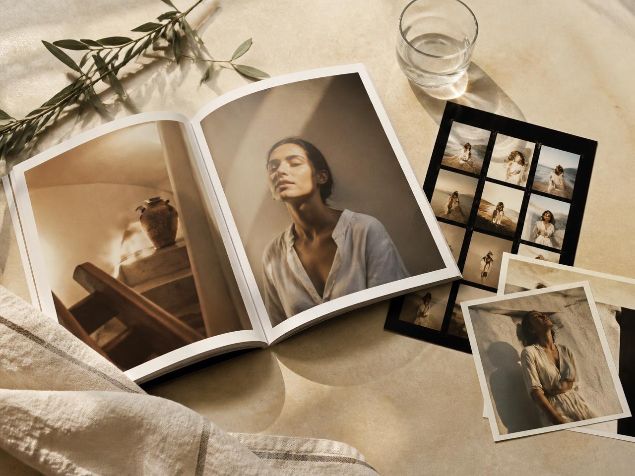 Open editorial magazine, contact sheets and printed photographs on a stone surface in natural light