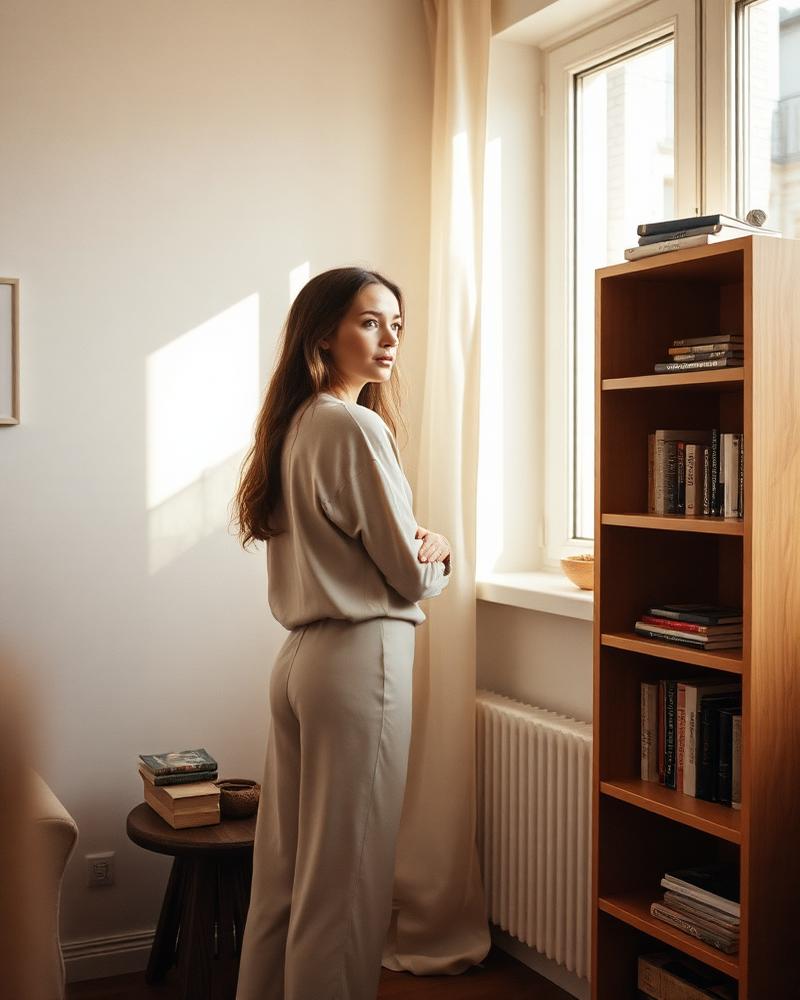 Woman standing beside a wooden bookshelf in a sunlit apartment