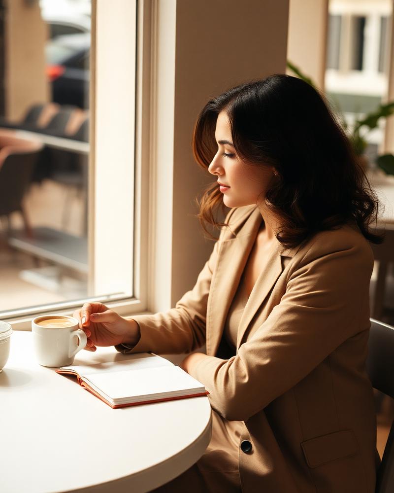 Woman sitting at a café table with a notebook and coffee in warm daylight