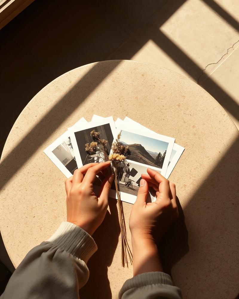 Hands arranging printed photographs and dried flowers on a stone table