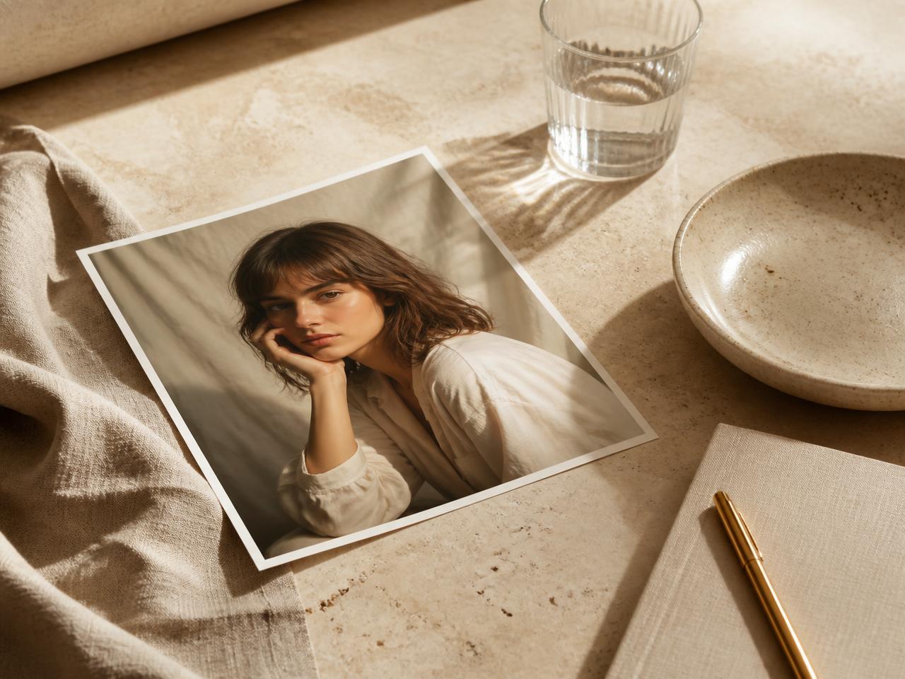 Printed portrait resting on a warm stone table beside a notebook and glass of water