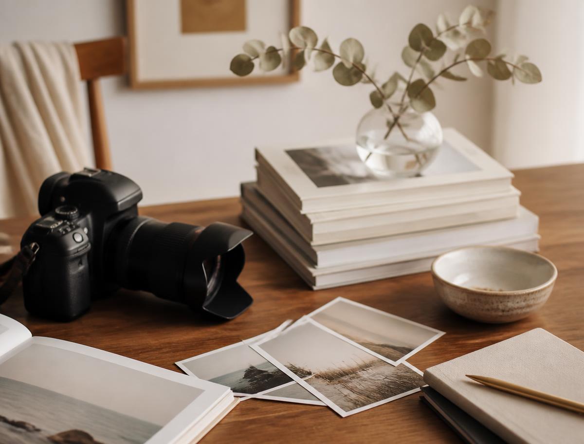 Camera, books and printed photographs on a warm wooden desk